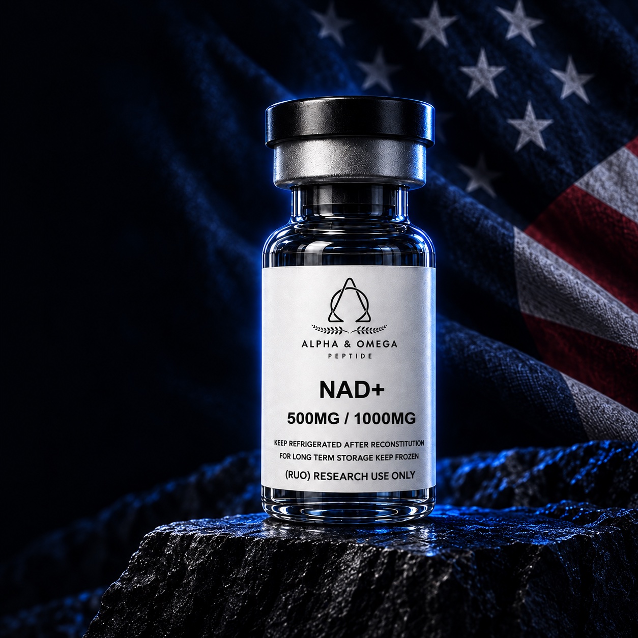 NAD+ (500MG & 1000MG) research vial with a softly lit American flag backdrop