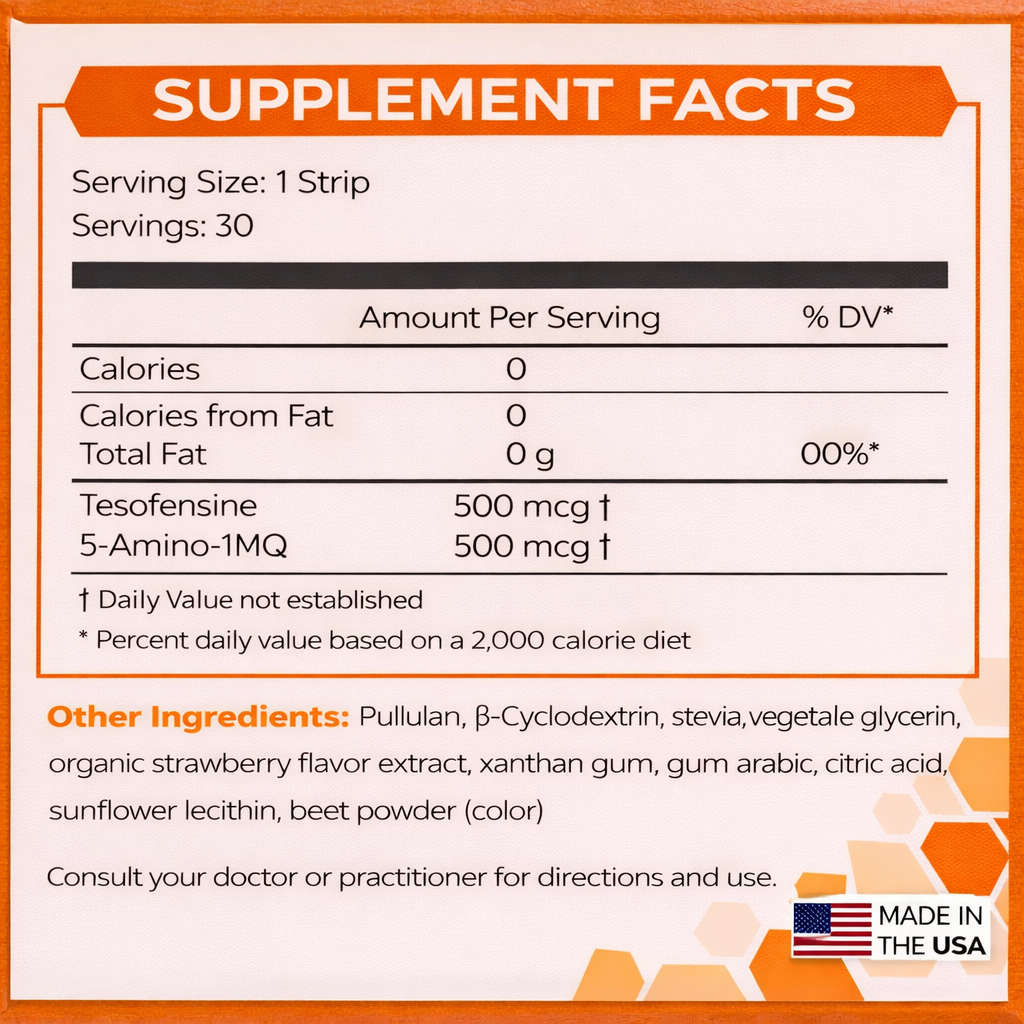 Facts panel for Melts Pro™ Tesofensine + 5-Amino-1MQ dissolving strips, showing key product information